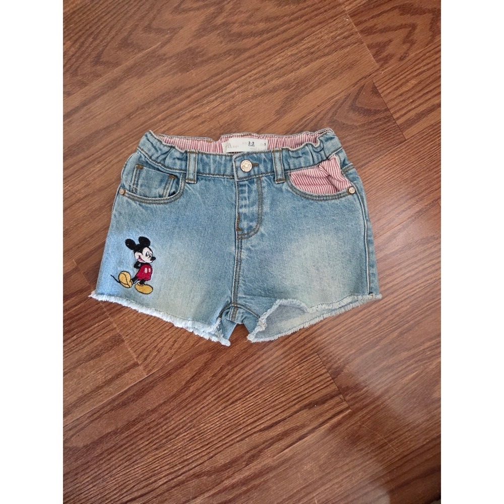 Zara Baby Disney Mickey Mouse Denim Shorts Light Wash Blue Embroidered Size 2-3Y